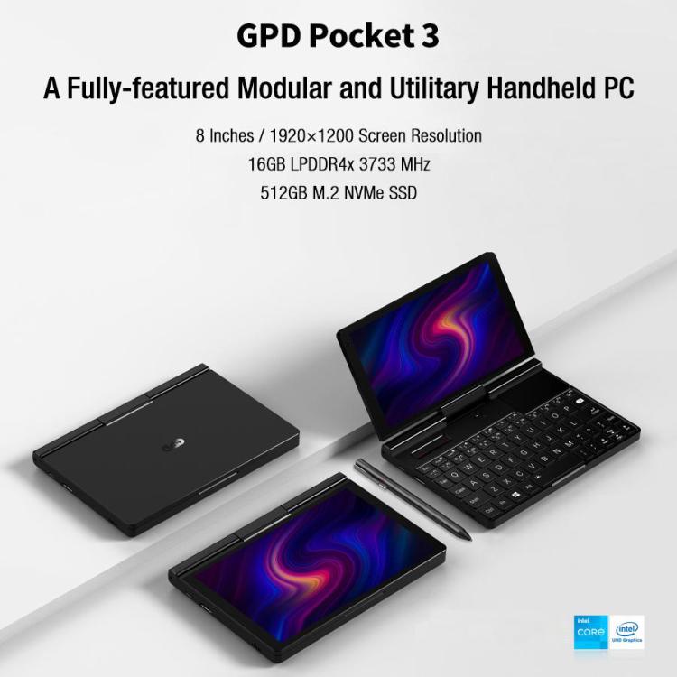 GPD Pocket 3 Handheld PC, 16GB+512GB, 8 inch Windows 11 Home Intel Core i3-1125G4, EU Plug, WMC2572EU, WMC2572UK, WMC2572US