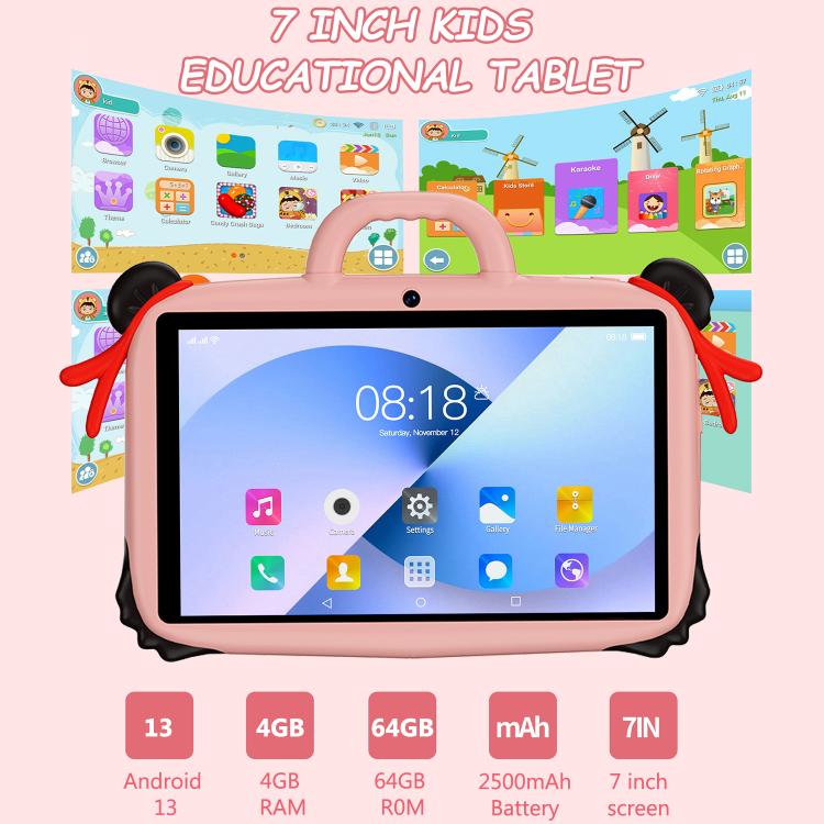BDF 7 inch WiFi Kids Tablet PC with Nezha Silicone Case, 2GB+32GB, Android 8.1 MTK6735 Quad Core CPU, US Plug, 4GB+64GB