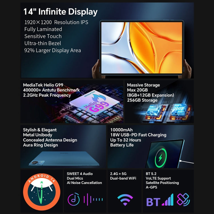 Teclast T70 4G LTE Tablet PC, 8GB+256GB, 14 inch Android 14 MediaTek Helio G99 Octa Core, Support Dual SIM, T70