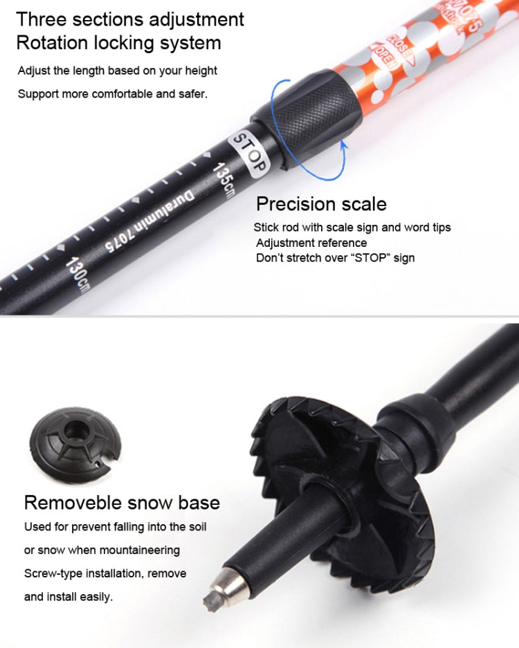 135cm Adjustable Portable Height Outdoor Aluminum Trekking Poles, Orange#135cm, Red#135cm, Green#135cm, Blue#135cm