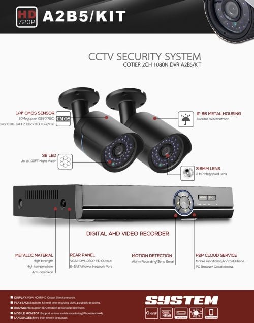 A2B5 720P 1.0 Mega Pixel 2 x Bullet AHD Cameras AHD DVR Kit, Support Night Vision / Motion Detection, IR Distance: 20m - Trustpick
