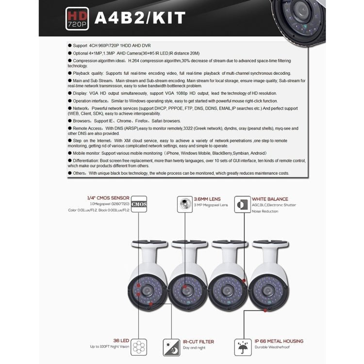 A4B2 4Ch Bullet IP Camera NVR Kit, Support Night Vision / Motion Detection, IR Distance: 20m - Trustpick