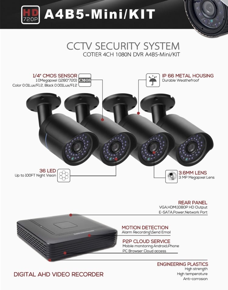 A4B5 - Mini 4 Channel 720P 1.0 Mega Pixel 4 x Bullet AHD Cameras AHD DVR Kit, Support Night Vision / Motion Detection, IR Distance: 20m - Trustpick
