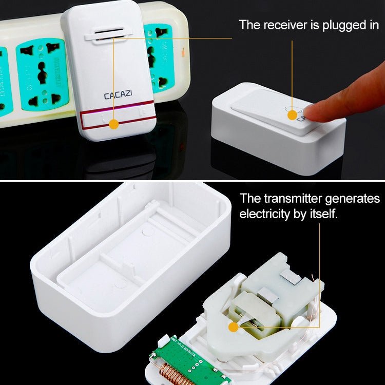 CACAZI V027G One Button One Receivers Self - Powered Wireless Home Kinetic Electronic Doorbell, UK Plug - Trustpick