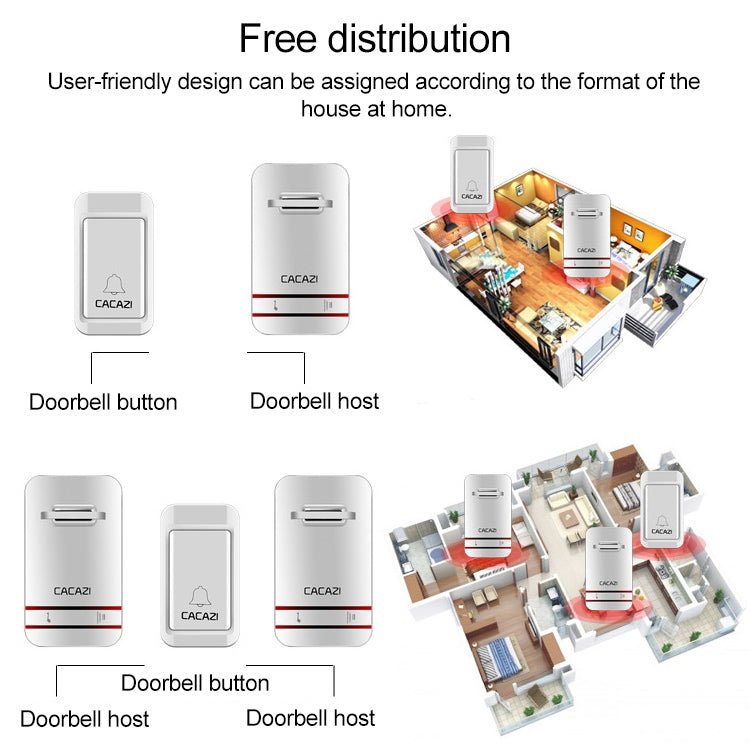 CACAZI V027G One Button Three Receivers Self - Powered Wireless Home Kinetic Electronic Doorbell, UK Plug - Trustpick