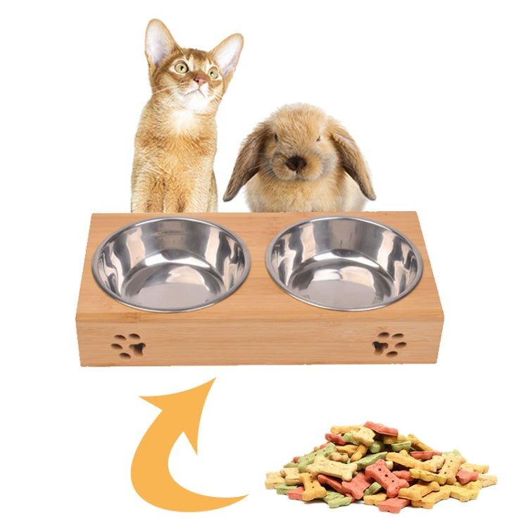 Cat Dog Pet Stainless Steel Feeding and Drinking Bowls Combination With Bamboo Frame - Trustpick