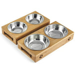 Cat Dog Pet Stainless Steel Feeding and Drinking Bowls Combination With Bamboo Frame - Trustpick
