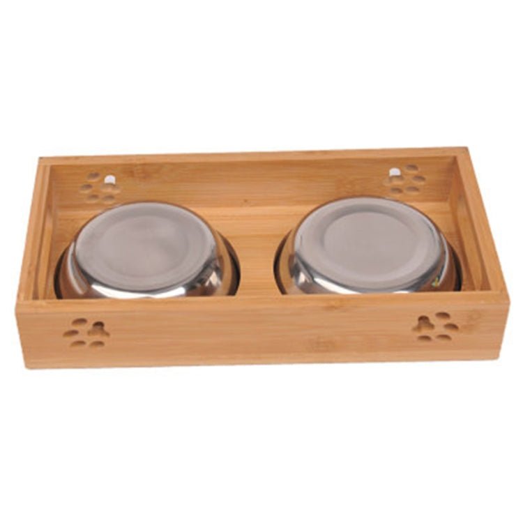 Cat Dog Pet Stainless Steel Feeding and Drinking Bowls Combination With Bamboo Frame - Trustpick