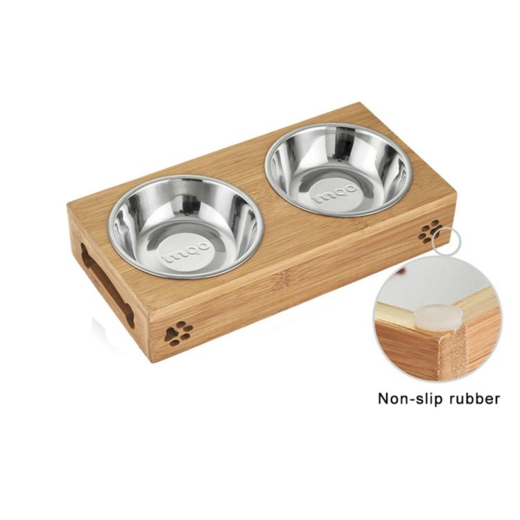 Cat Dog Pet Stainless Steel Feeding and Drinking Bowls Combination With Bamboo Frame - Trustpick