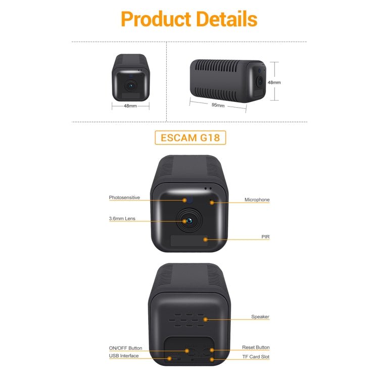 ESCAM G18 1080P Full HD Rechargeable Battery WiFi IP Camera, Support Night Vision / PIR Motion Detection / TF Card / Two Way Audio - Trustpick