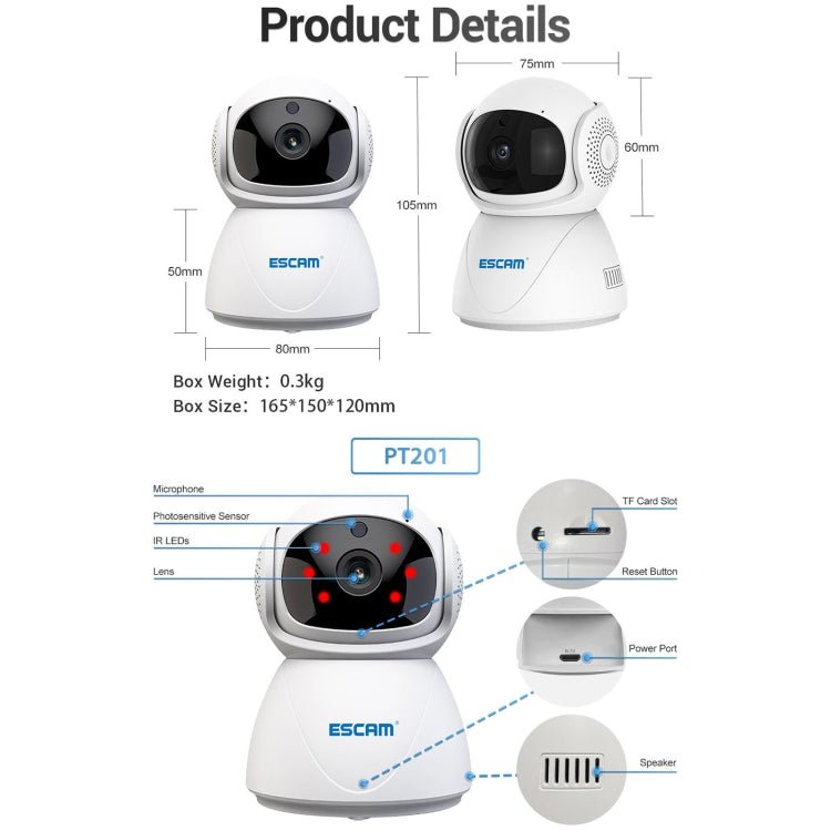 ESCAM PT201 HD 1080P Dual - band WiFi IP Camera, Support Night Vision / Motion Detection / Auto Tracking / TF Card / Two - way Audio, EU Plug - Trustpick