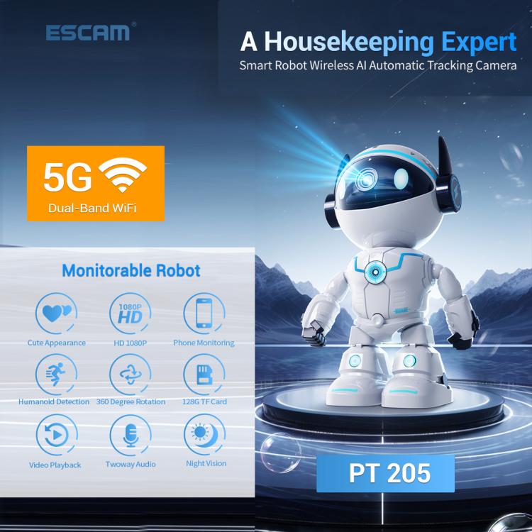 ESCAM PT205 5G WiFi Smart Robot Wireless AI Automatic Tracking Camera, Two Way Audio / Night Nersion - Trustpick