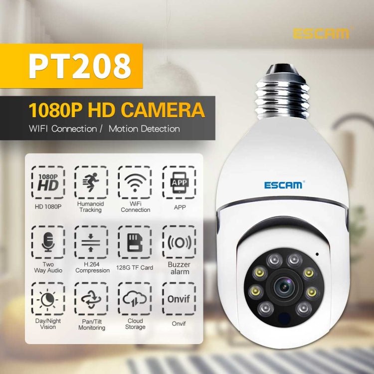 ESCAM PT208 1080P HD Light Bulb WiFi Camera, Support Motion Detection, Two - way Audio, Night Vision, TF Card - Trustpick