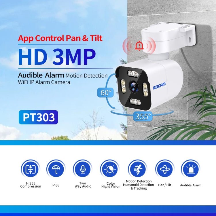ESCAM PT303 3MP HD Motion Detection APP Control Pan & Tilt WiFi IP Camera - Trustpick