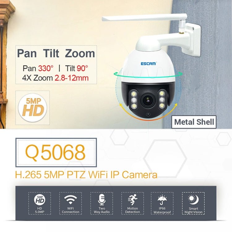 ESCAM Q5068 H.265 5MP Pan / Tilt / 4X Zoom WiFi Waterproof IP Camera, Support ONVIF Two Way Talk & Night Vision, AU Plug - Trustpick