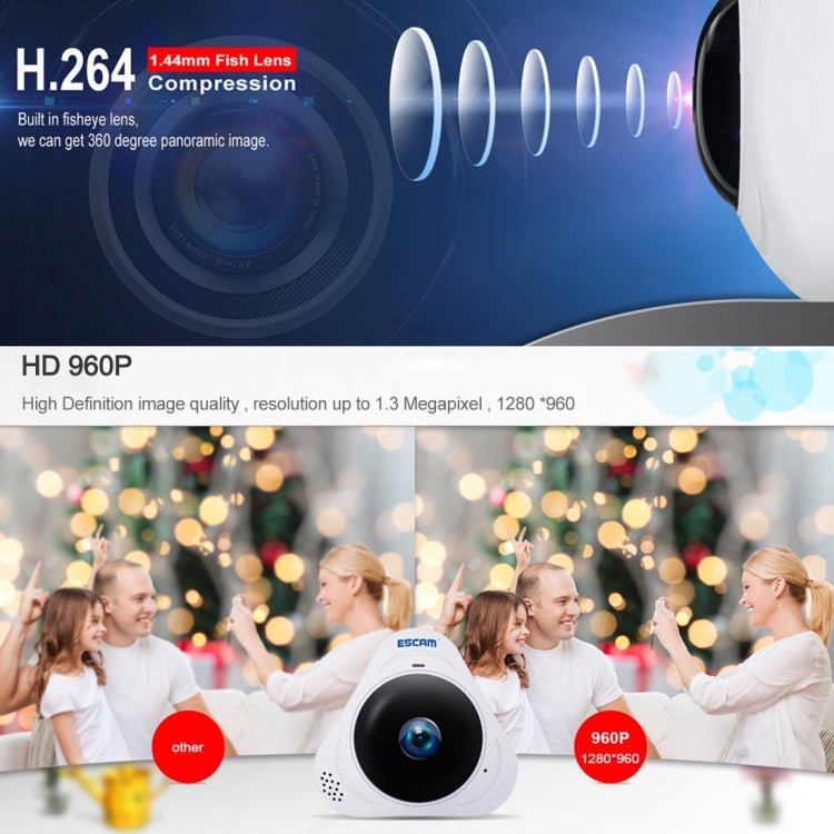 ESCAM Q8 960P 360 Degrees Fisheye Lens 1.3MP WiFi IP Camera, Support Motion Detection / Night Vision, IR Distance: 5 - 10m, AU Plug - Trustpick