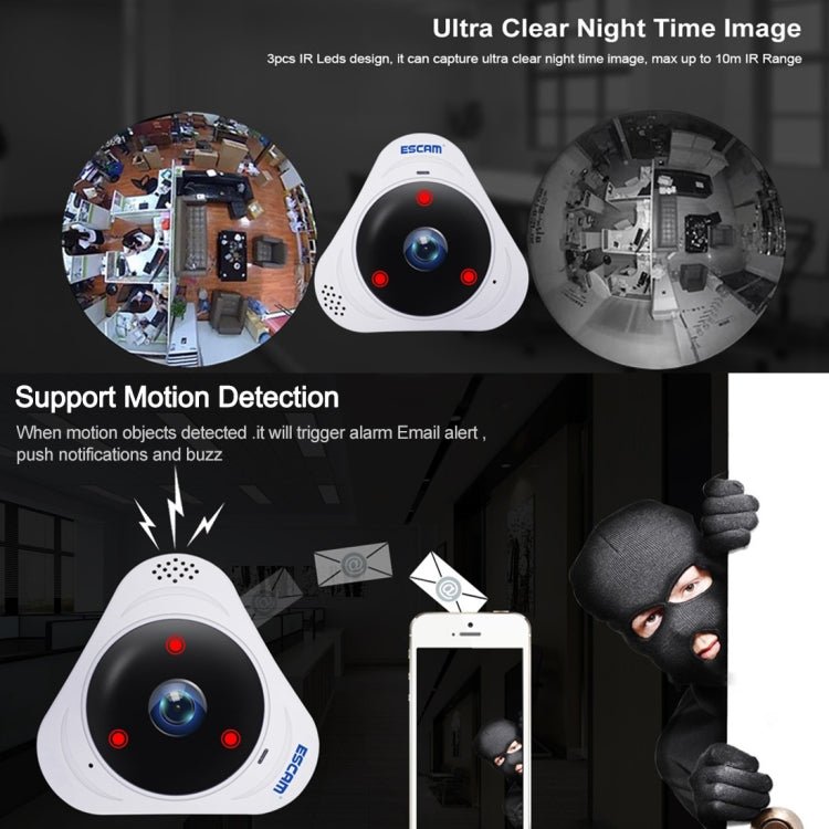 ESCAM Q8 960P 360 Degrees Fisheye Lens 1.3MP WiFi IP Camera, Support Motion Detection / Night Vision, IR Distance: 5 - 10m, AU Plug - Trustpick