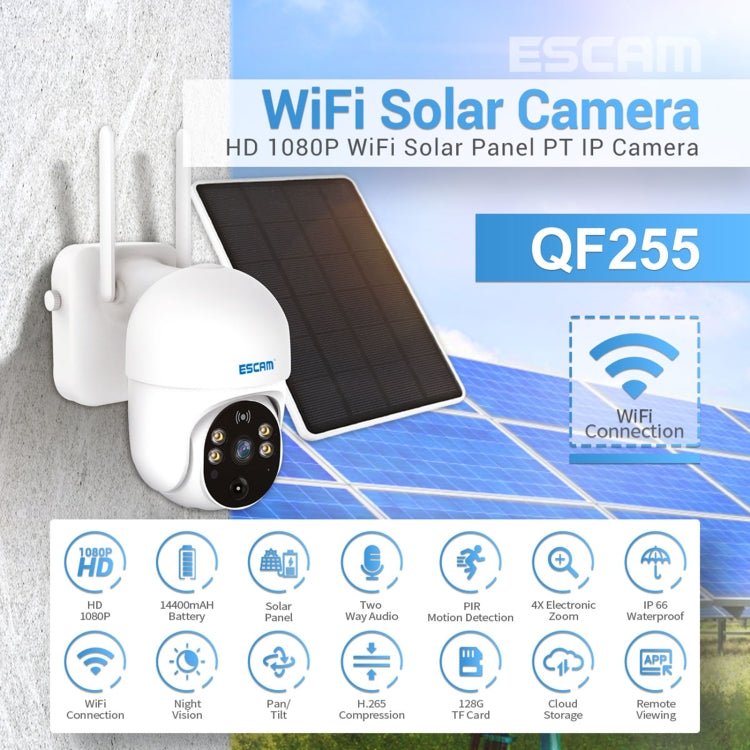 ESCAM QF255 2.0 Million Pixels 1080P HD WiFi Solar Camera, Support Two - way Voice & PIR Motion Detection & Night Vision & TF Card - Trustpick