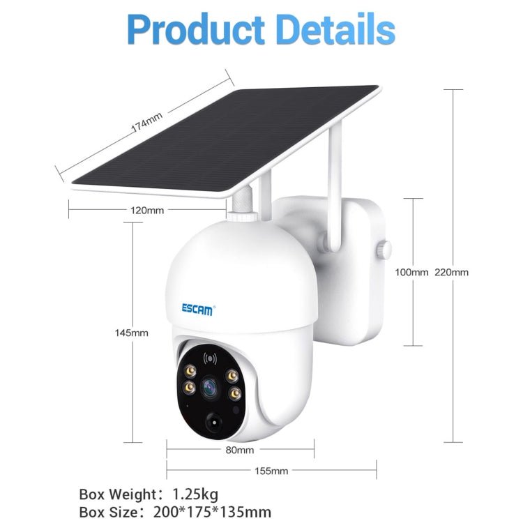 ESCAM QF255 2.0 Million Pixels 1080P HD WiFi Solar Camera, Support Two - way Voice & PIR Motion Detection & Night Vision & TF Card - Trustpick