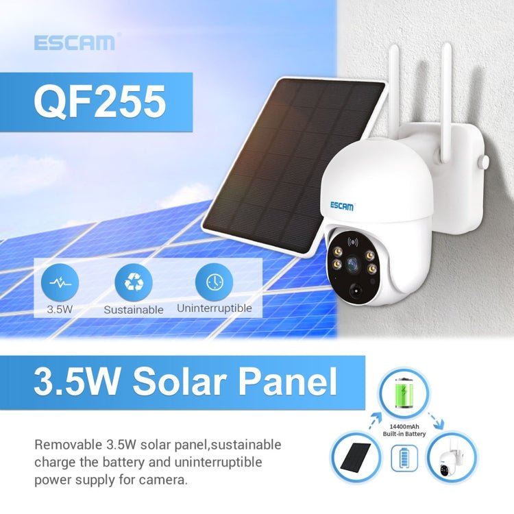 ESCAM QF255 2.0 Million Pixels 1080P HD WiFi Solar Camera, Support Two - way Voice & PIR Motion Detection & Night Vision & TF Card - Trustpick
