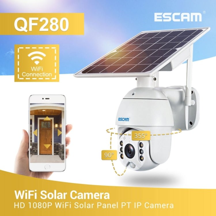 ESCAM QF280 HD 1080P IP66 Waterproof WiFi Solar Panel PT IP Camera with Battery, Support Night Vision / Motion Detection / TF Card / Two Way Audio - Trustpick