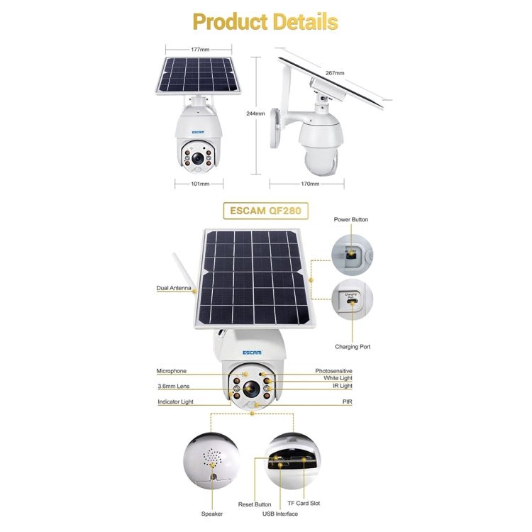 ESCAM QF280 HD 1080P IP66 Waterproof WiFi Solar Panel PT IP Camera with Battery, Support Night Vision / Motion Detection / TF Card / Two Way Audio - Trustpick