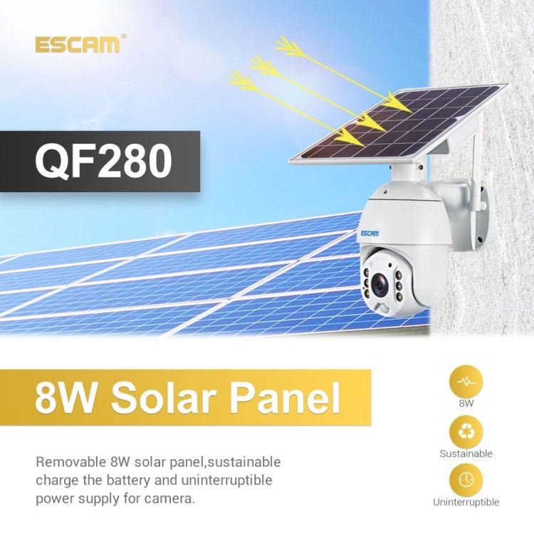 ESCAM QF280 HD 1080P IP66 Waterproof WiFi Solar Panel PT IP Camera with Battery, Support Night Vision / Motion Detection / TF Card / Two Way Audio - Trustpick