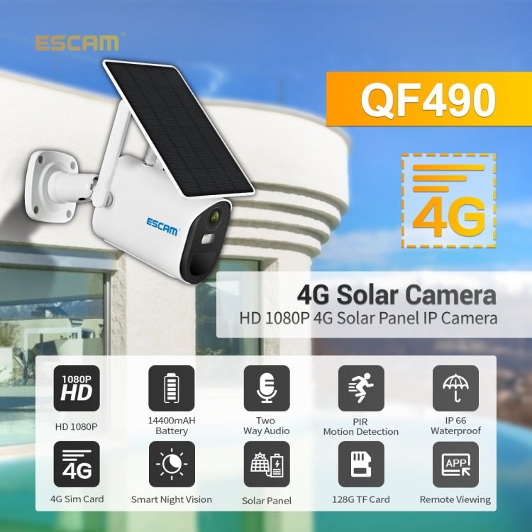 ESCAM QF490 HD 1080P 4G 3.8W Solar Panel IP Camera, EU Version - Trustpick