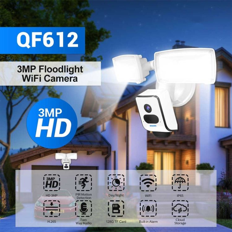 ESCAM QF612 3MP WiFi IP Camera & Floodlight, Support Night Vision / PIR Detection - Trustpick