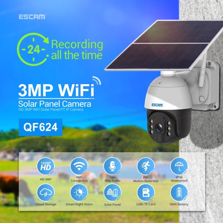 ESCAM QF624 1080P HD IP66 Waterproof WiFi Solar Panel PT IP Camera without Battery - Trustpick