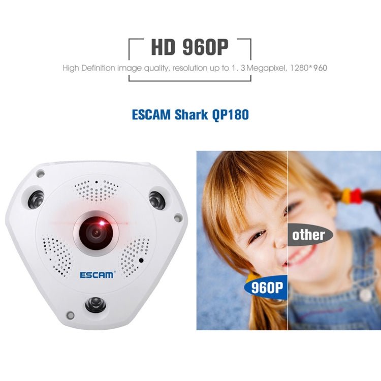 ESCAM Shark QP180 960P 360 Degrees Fisheye Lens 1.3MP WiFi IP Camera, Support Motion Detection / Night Vision, IR Distance: 10m - Trustpick