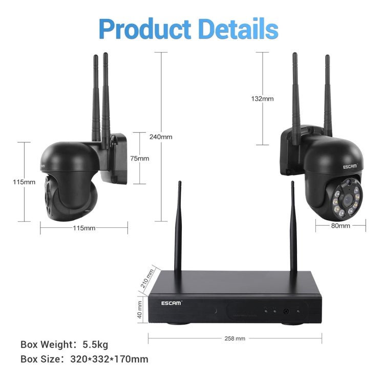 ESCAM WNK618 3.0 Million Pixels 8 - channel Wireless Dome Camera HD NVR Security System, Support Motion Detection & Two - way Audio & Full - color Night Vision & TF Card, EU Plug - Trustpick
