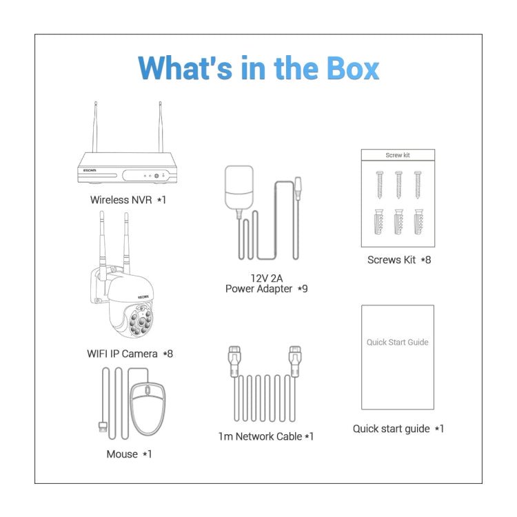 ESCAM WNK618 3.0 Million Pixels 8 - channel Wireless Dome Camera HD NVR Security System, Support Motion Detection & Two - way Audio & Full - color Night Vision & TF Card, EU Plug - Trustpick