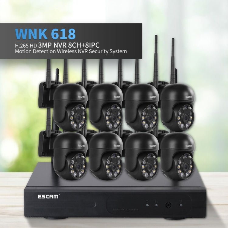 ESCAM WNK618 3.0 Million Pixels 8 - channel Wireless Dome Camera HD NVR Security System, Support Motion Detection & Two - way Audio & Full - color Night Vision & TF Card, EU Plug - Trustpick