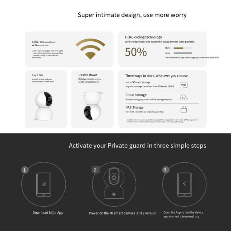 Original Xiaomi Mijia Smart Camera 3 PTZ Version 3K AI Detection Baby Monitor 5MP 360 Degree View Webcam Day & Night Work Infrared Night Vision, With US Plug Adapter - Trustpick