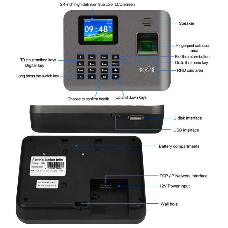 Realand AL325D Fingerprint Time Attendance with 2.4 inch Color Screen & ID Card Function & WiFi & Battery - Trustpick