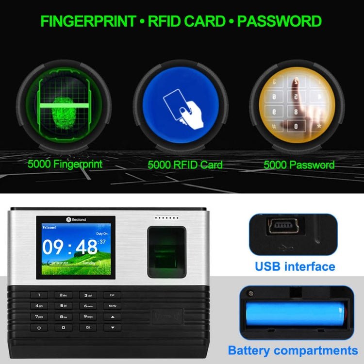 Realand AL355 Fingerprint Time Attendance with 2.8 inch Color Screen & ID Card Function & WiFi - Trustpick