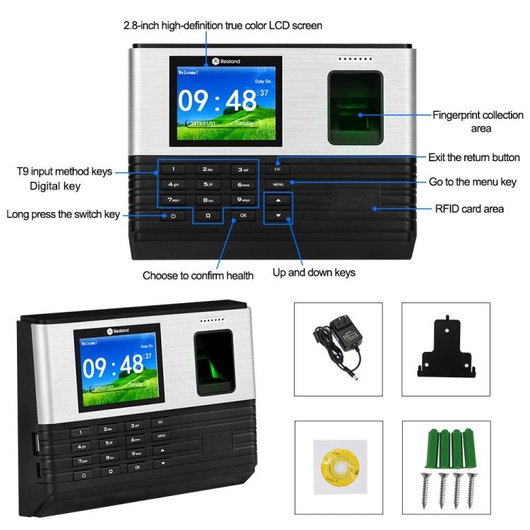 Realand AL355 Fingerprint Time Attendance with 2.8 inch Color Screen & ID Card Function & WiFi - Trustpick