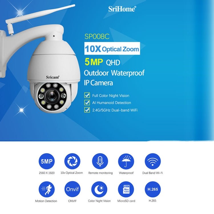 Sricam SP008C 5MP 10X Zoom IP66 Waterproof CCTV WiFi IP Camera Monitor - Trustpick