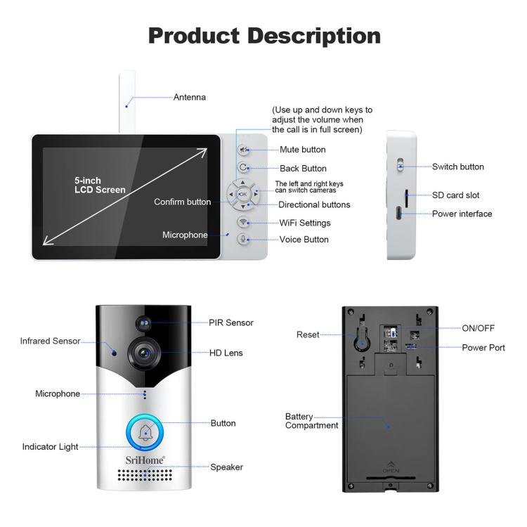 SriHome DH051+DH002+DH008 4MP HD Smart WiFi Video PIR Visual Doorbell Set - Trustpick