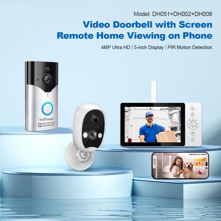 SriHome DH051+DH002+DH008 4MP HD Smart WiFi Video PIR Visual Doorbell Set - Trustpick