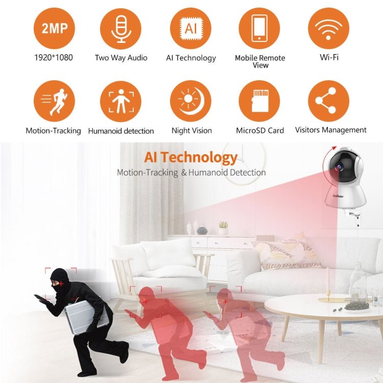 SriHome SH025 2.0 Million Pixels 1080P HD AI Auto - tracking IP Camera, Support Two Way Audio / Motion Tracking / Humanoid Detection / Night Vision / TF Card, AU Plug - Trustpick
