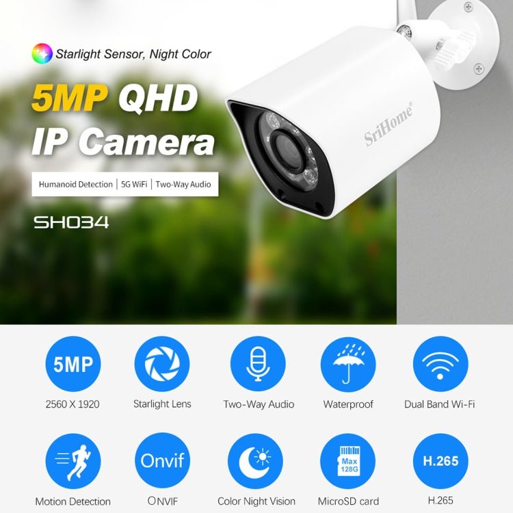 SriHome SH034 5.0MP Mini Dual 2.4 / 5G WiFi Outdoor Waterproof Video Surveillance Color Night Vision Security CCTV Cam - Trustpick