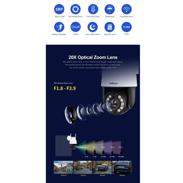 SriHome SH041 5.0MP 20X Optical Zoom 2.4G/5G WiFi Waterproof AI Auto Tracking H.265 Video Surveillance - Trustpick