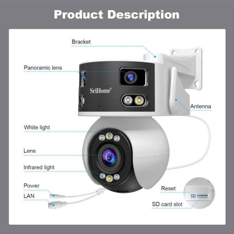 SriHome SH055B 8MP HD Multi - lens Super Wide Angle Panoramic PTZ Dome Camera - Trustpick
