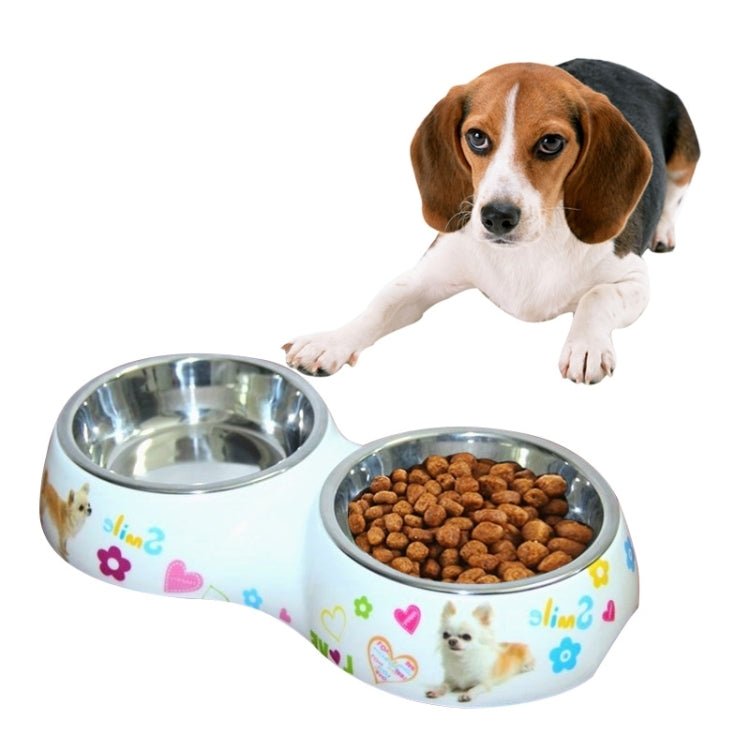 Stainless Steel Waterproof Detachable Double Bowls Printing Cartoon Pattern Cats and Dogs Pet Bowls, Size: L, 30.5*16*5.5 cm - Trustpick