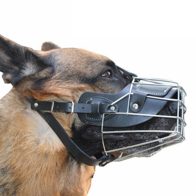 Steel Cage Style Dog Basket Wire Muzzle Protective Snout Cover with Leather Strap, Size: M - Trustpick