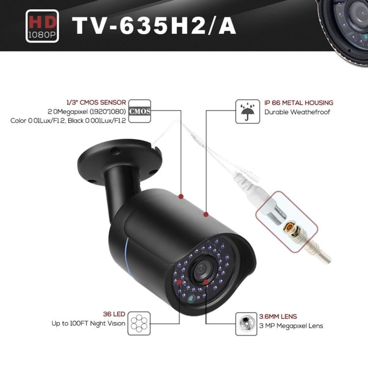 TV - 635H2/A IP66 Waterproof 1920x1080P AHD Camera, 1/2.7 inch 2MP CMOS Sensor Lens, Motion Detection, 20m IR Night Vision, CE & RoHS Certificated - Trustpick